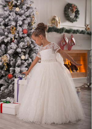Ivory Lace Tulle Short Sleeves Long Flower Girl Dress